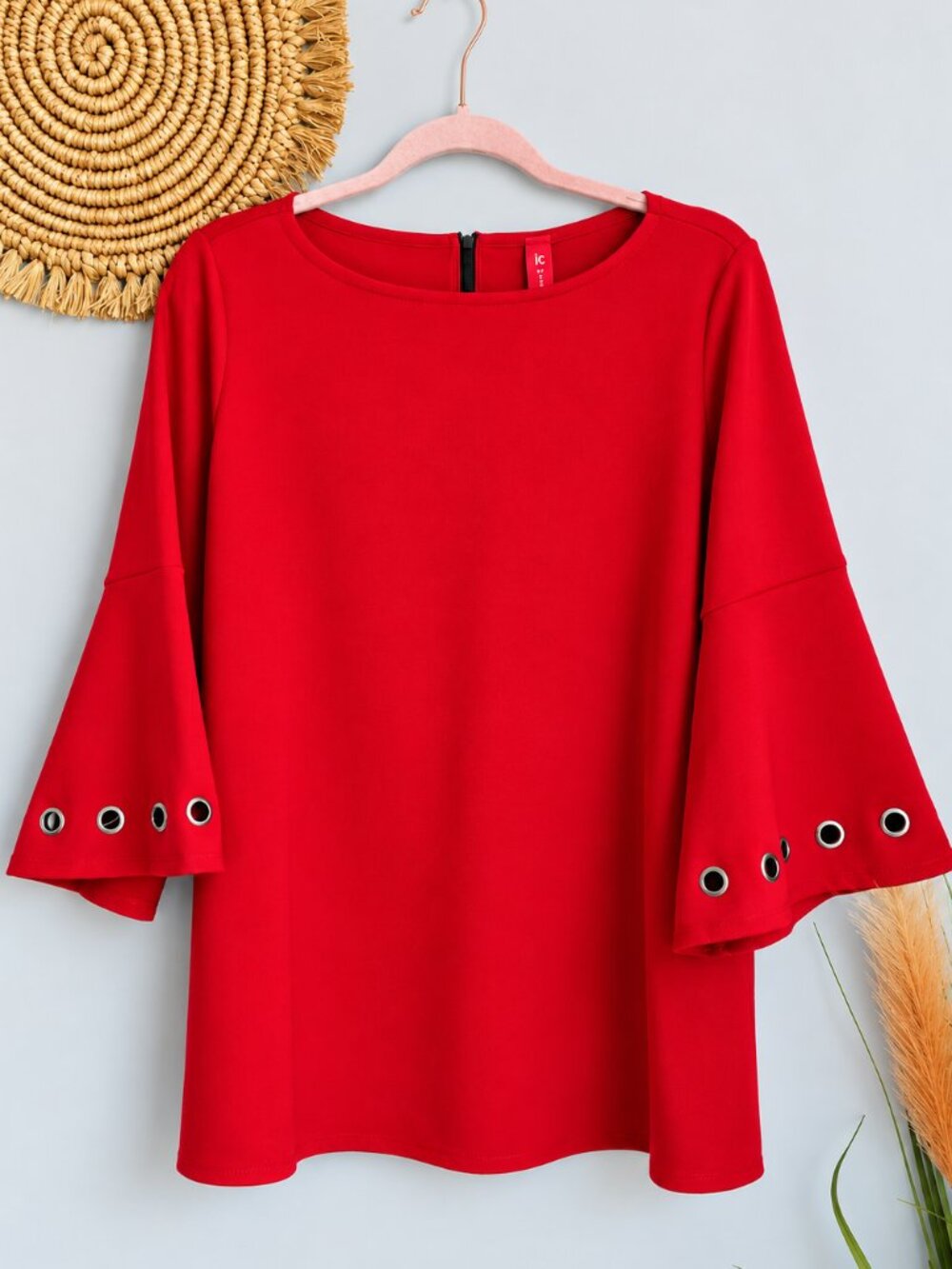 IC Collection by Connie NEW Cherry Red Grommet Bell Sleeve Jersey Tunic SZ Large